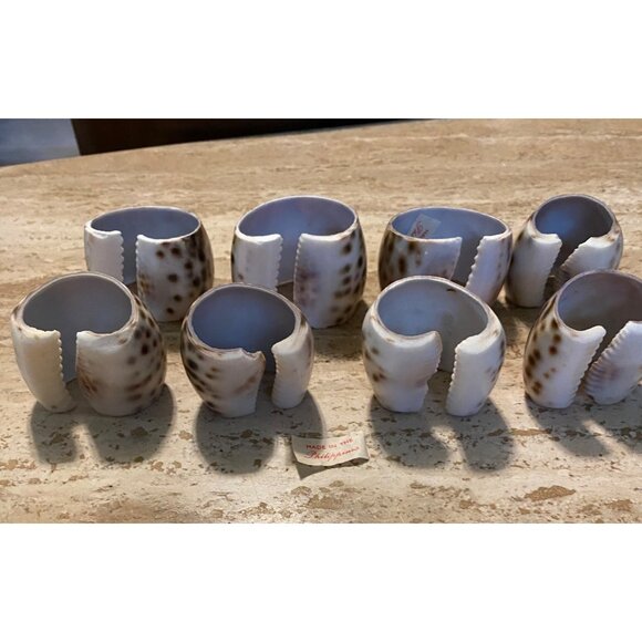 Set Of 8 Vintage Shell Napkin Rings Spotted Design Handmade In The Philippines - Picture 5 of 7